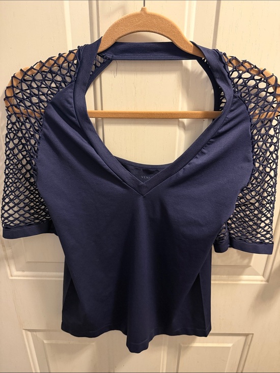 VENUS Tops - VENUS Navy V-Neck Top with Open Mesh Short Sleeves